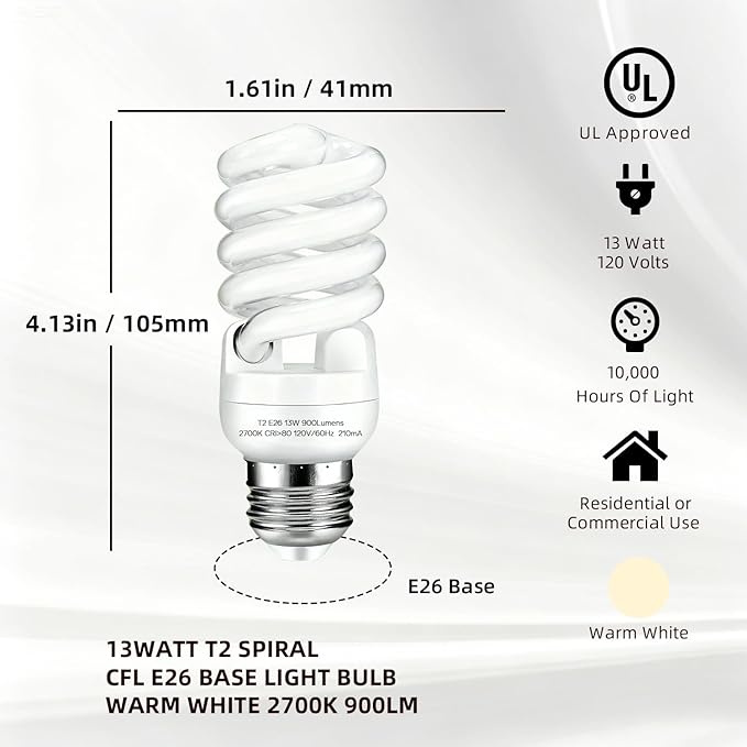 E26 13W CFL Light Bulbs T2 Spiral 2700K Soft White 900 Lumens 60W Equivalent 6 Pack