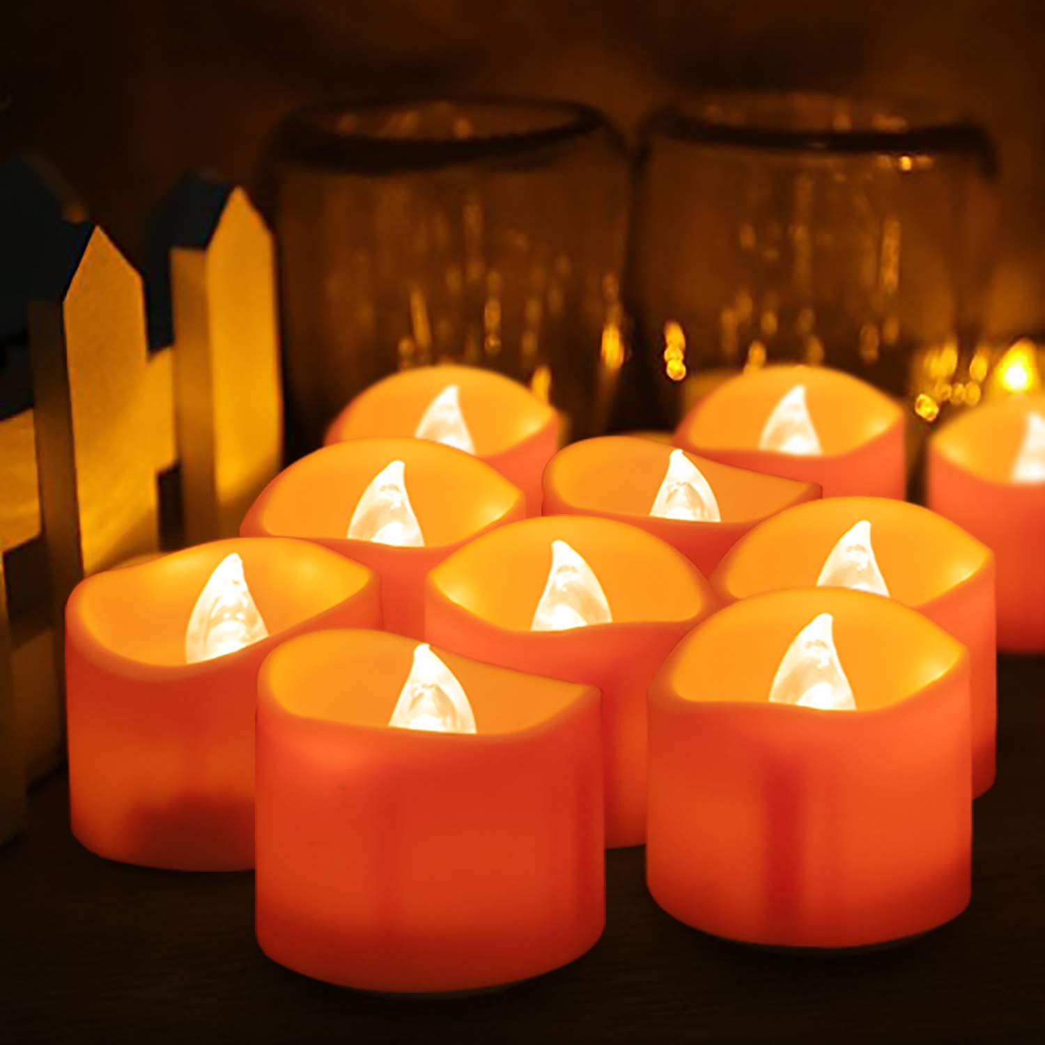 24 Pack Halloween Tea Lights, Realistic Orange Tea Candles, Battery Operated Flameless Tealights For Halloween, Fall Decorations