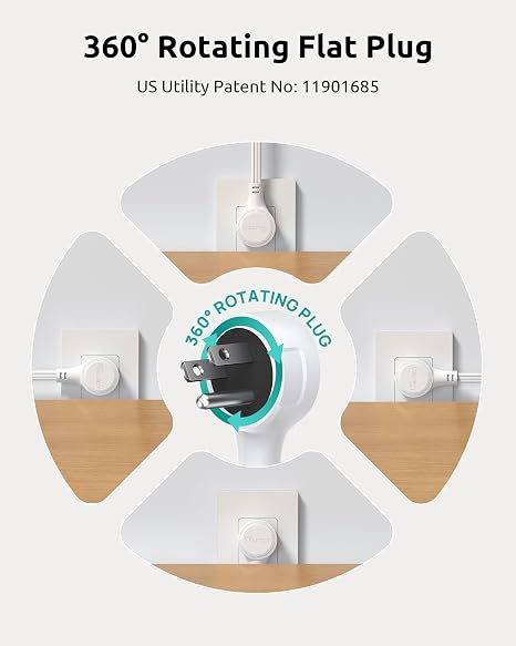 360 Rotating Power Strip 3 AC Outlets 4 USB Ports 6FT Wall Mount White
