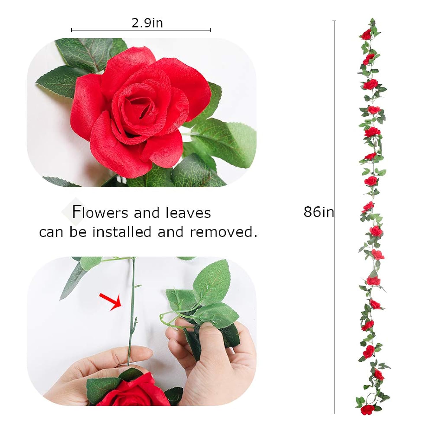 Rose Garlands Artificial Rose Vines, 4Pcs(28.8Ft) Fake Silk Flower Garland With Greenery Plants Wedding Hanging Flower Vines Garlands For Home Office Arch Garden Decoration (Red)