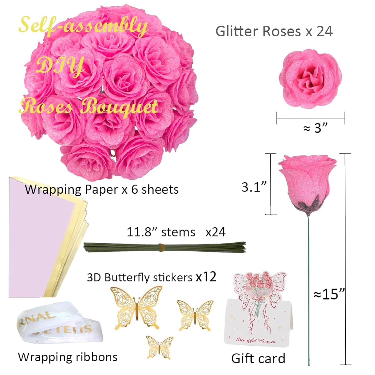 Pink Glitter Roses Gift For Her, Diy Artificial Rose Butterfly Flowers Bouquet Rose Gifts For Mothers Day Valentine Anniversary Birthday Gift For Women Wedding Decoration