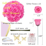 Pink Glitter Roses Gift For Her, Diy Artificial Rose Butterfly Flowers Bouquet Rose Gifts For Mothers Day Valentine Anniversary Birthday Gift For Women Wedding Decoration