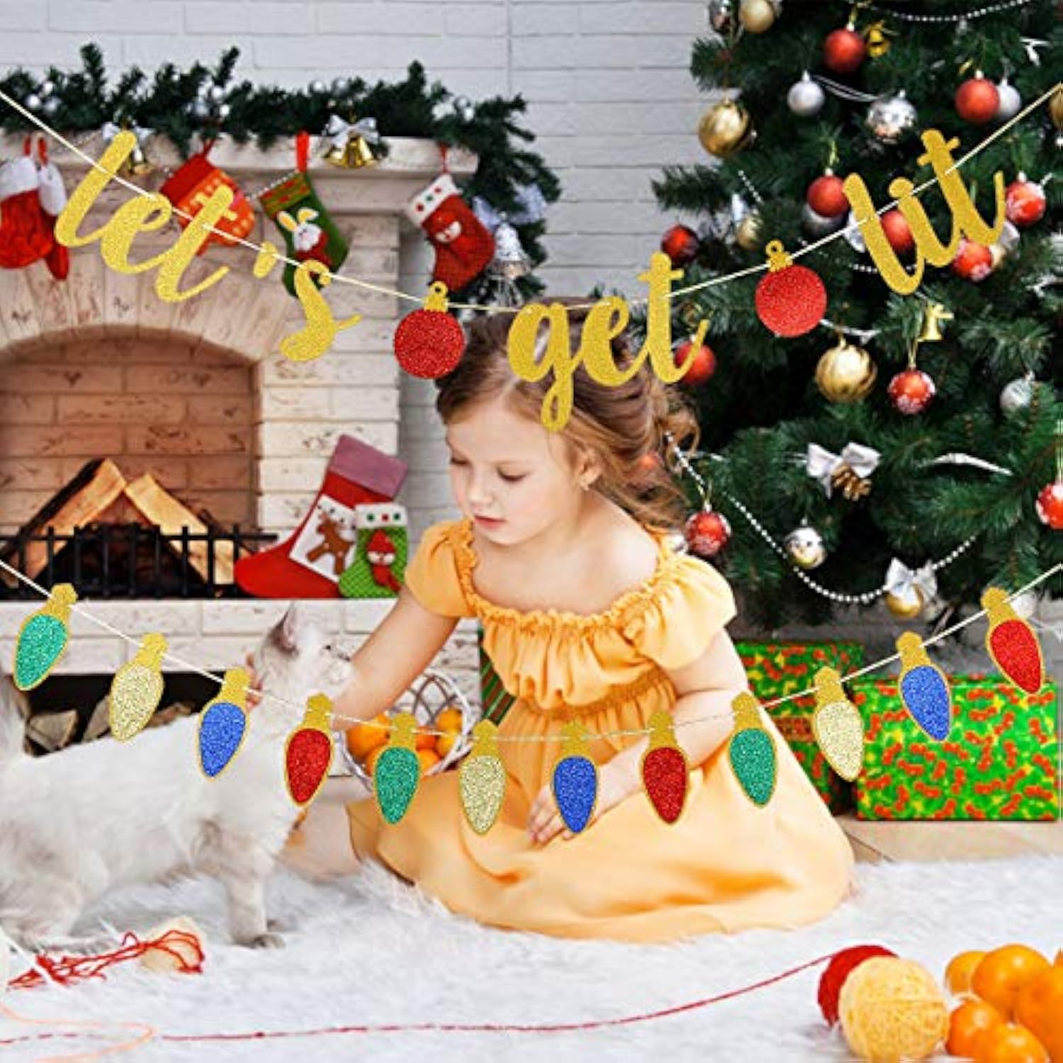 Gold Lets Get Lit Banner Funny Christmas & Holiday Party Garland