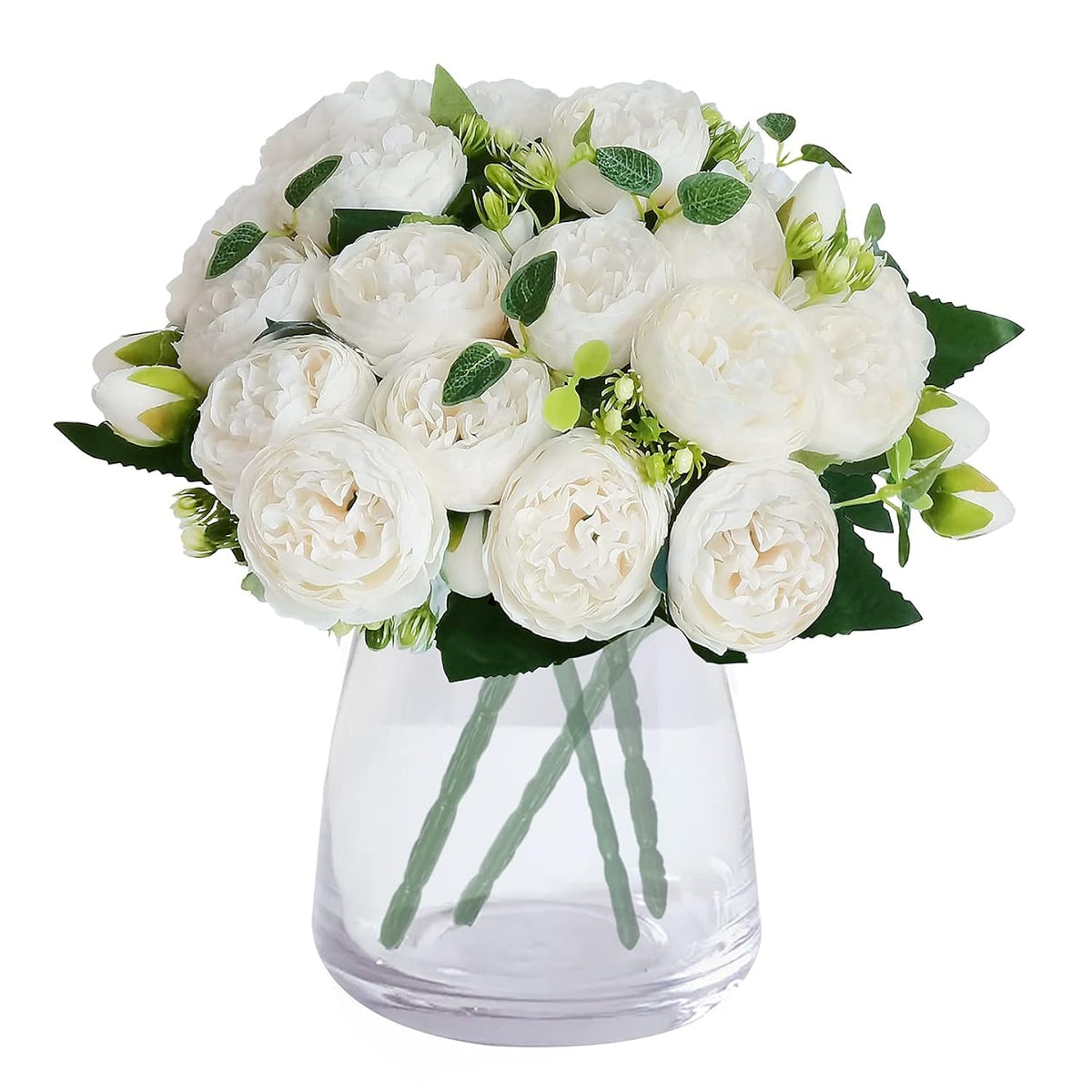 Peonies Artificial Flowers 4 Pcs Peonies Bouquets 20 Heads Silk Fake Flowers For Home Window Wedding Party Decoration(White),Vase No Included
