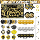 Happy New Year Photo Booth Backdrop with Fireworks Balloons and Pom Poms