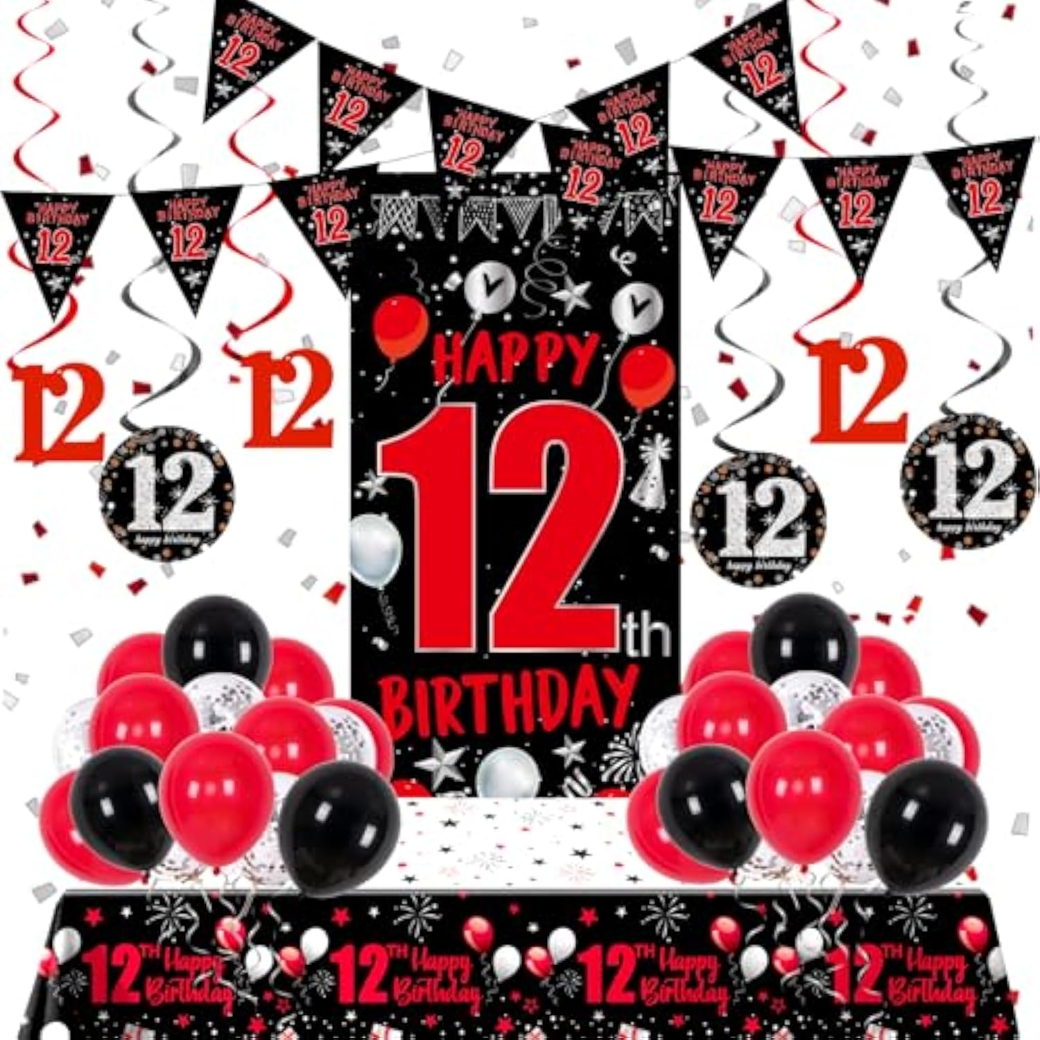 12Th Birthday Decorations For Boys Girls, Red Black Happy 12Th Birthday Decorations Boy Girl, Happy 12 Bday Banner Backdrop Balloons Tablecover Triangle Flag, 12 Year Old Boy Bday Party Supplies Decor