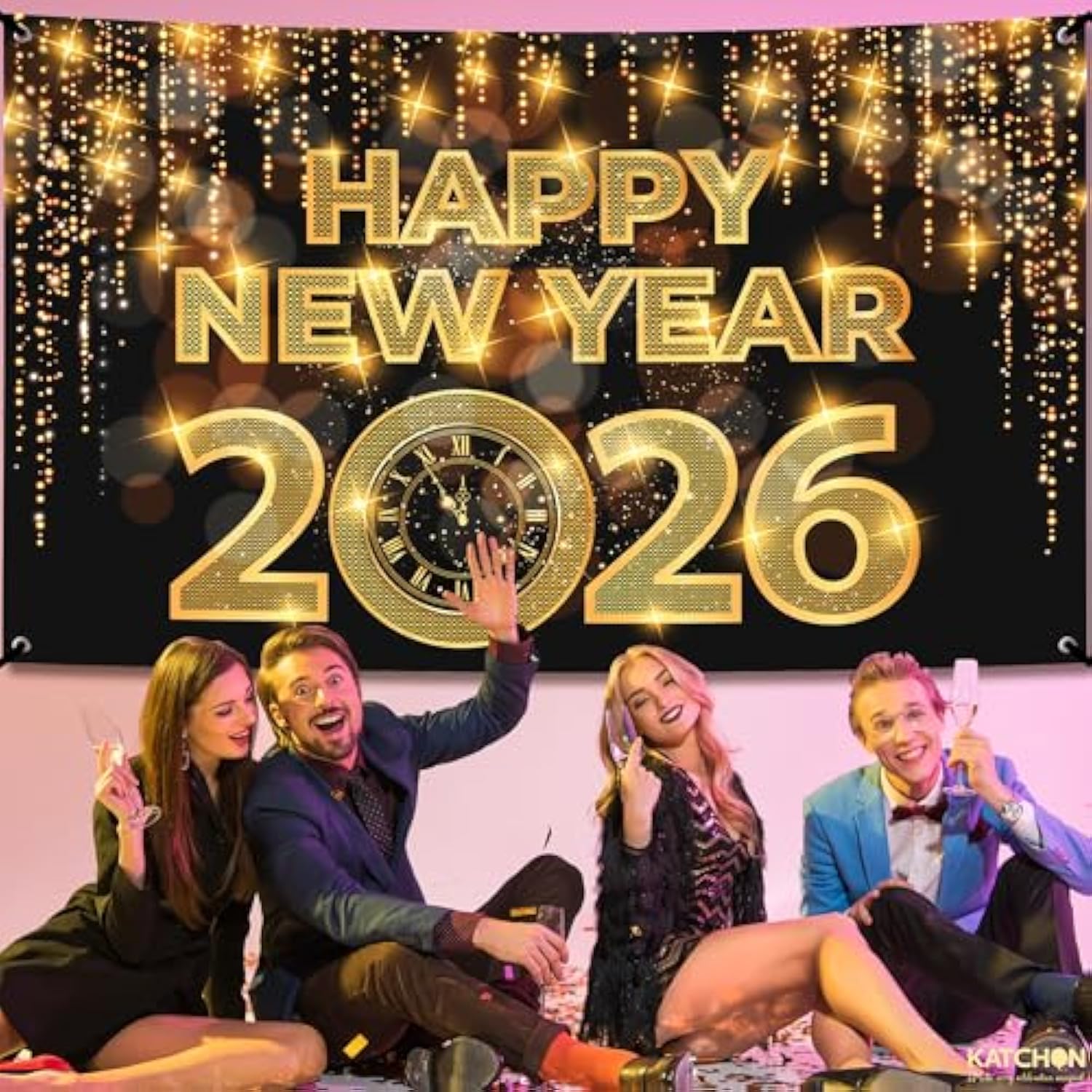 Extra Large 72x44 Inch Happy New Year 2026 Banner Gold & Black NYE Backdrop