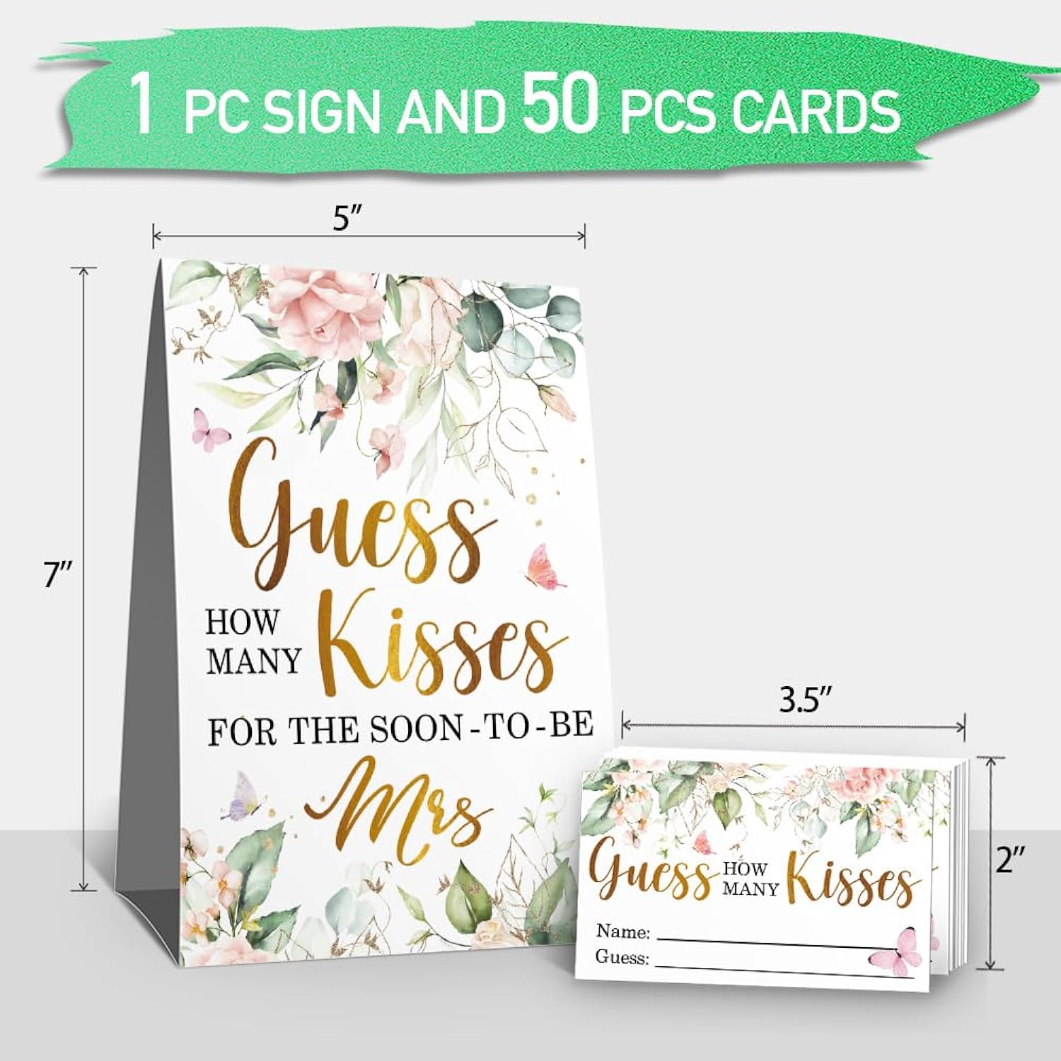 How Many Kisses Bridal Shower Party Game Kit(1 Standing Sign-50 Guessing Cards) Pink Floral Games And Favors For Guests, Bridal Shower Wedding Games Cards For Bride Groom Bachelorette Party Wedding Party Favor