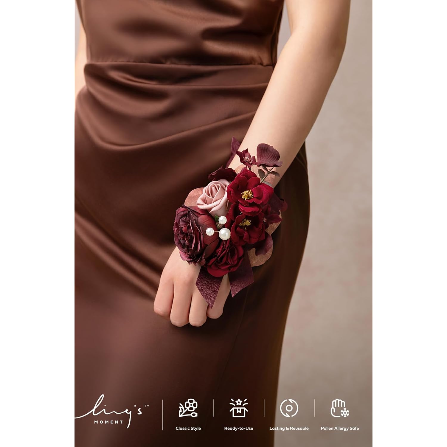 6Pcs Wedding Wrist Corsage Artificial Flowers, Girl/Mother Homecoming Prom Corsages Wristlet Décor, Etc. Burgundy Dusty Rose