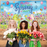 Hello Spring Backdrop Banner, 72.8" X 43.3" Spring Photography Backdrop Flowers Background Banner For Holiday Party Decorations