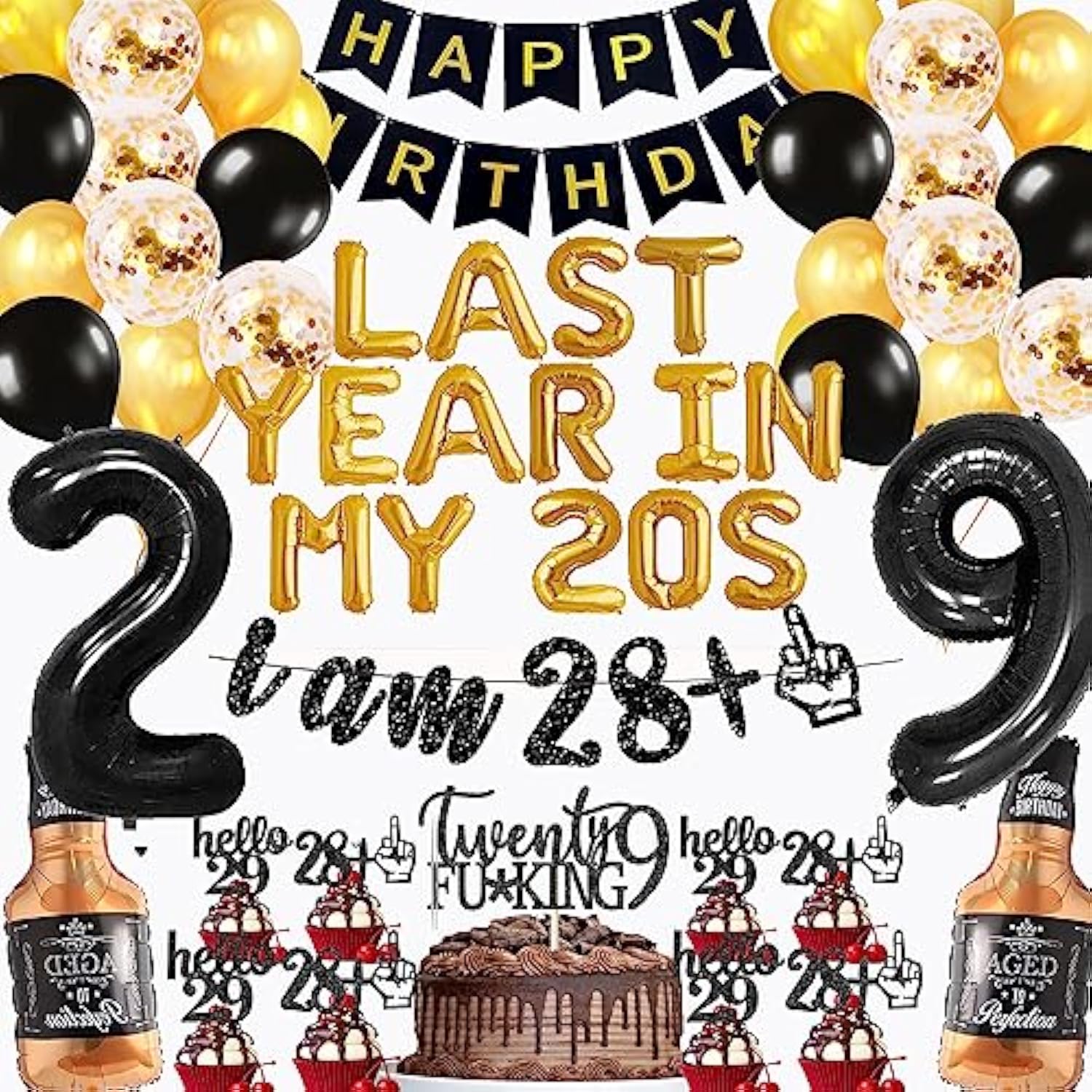 29Th Birthday Decorations Party Supplies For Men Last Year In My 20S Balloons I Am 28+1 Glitter Banner 29Th Birthday Foil Balloons Whiskey Balloon Cake Topper Cupcake Toppers