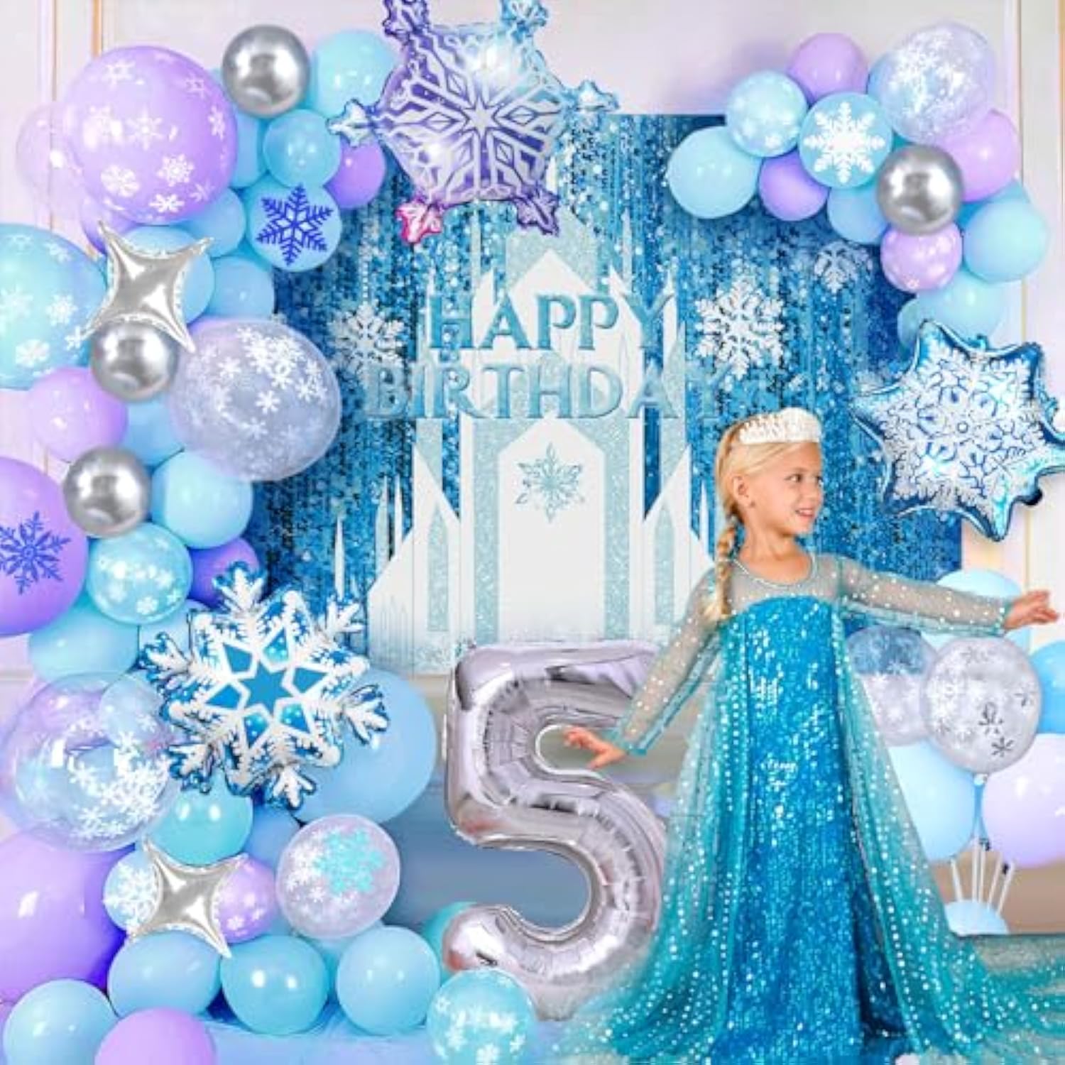 159Pcs Snowflake Birthday Party Decorations For Girls, Winter Balloon Arch Wonderland Backdrop Tablecloth 24'' Large Snowflake Balloon Sticker, Kids Princess Winter Birthday Party Decorations