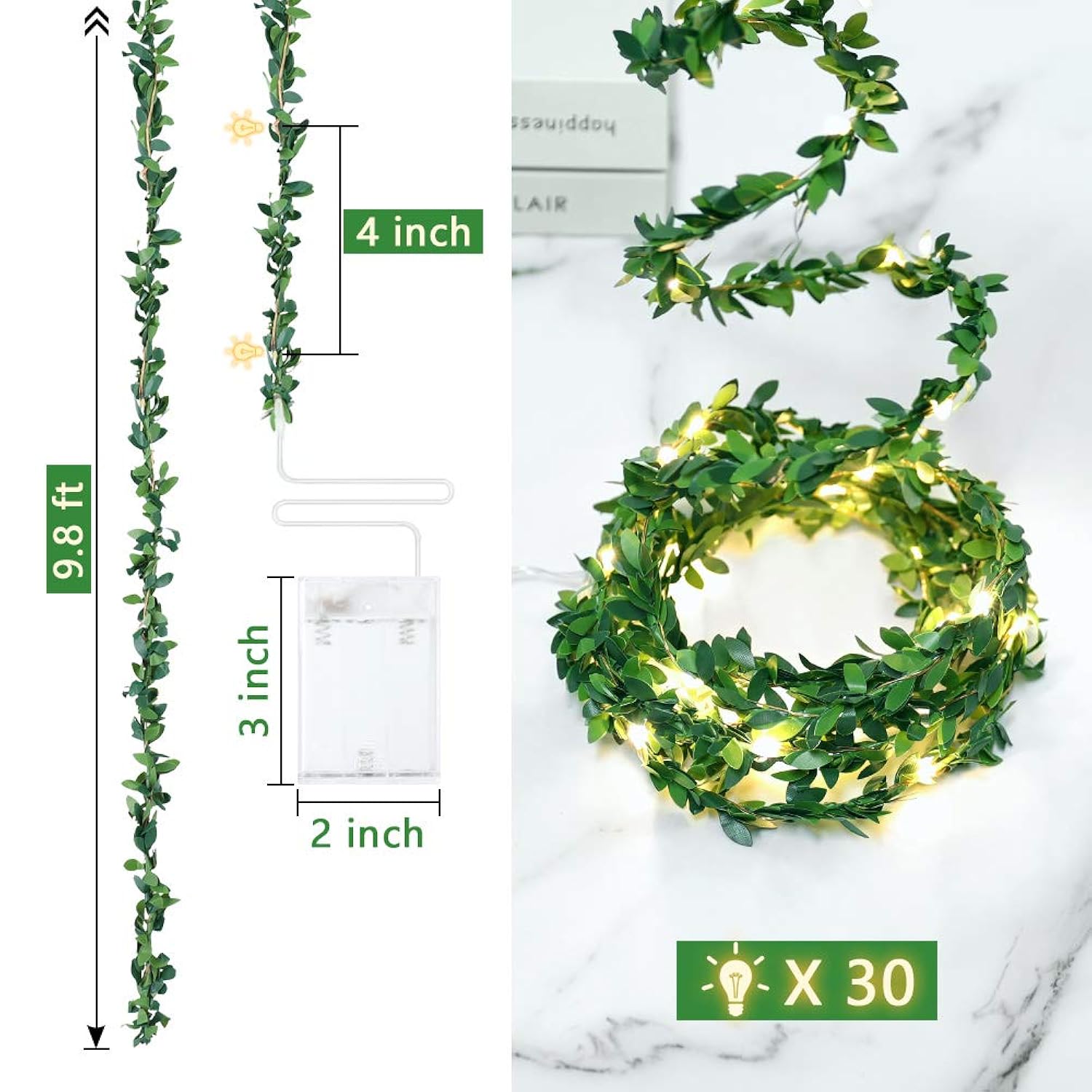 9.8Ft Green Ivy String Lights With 30 Led – Battery Operated Garland For Dorm Room, Bedroom Wall Decor, Halloween, Chris