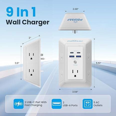 5 Outlet Extender Surge Protector 4 USB Ports 2 USB C PD20W Fast Charging Night Light White