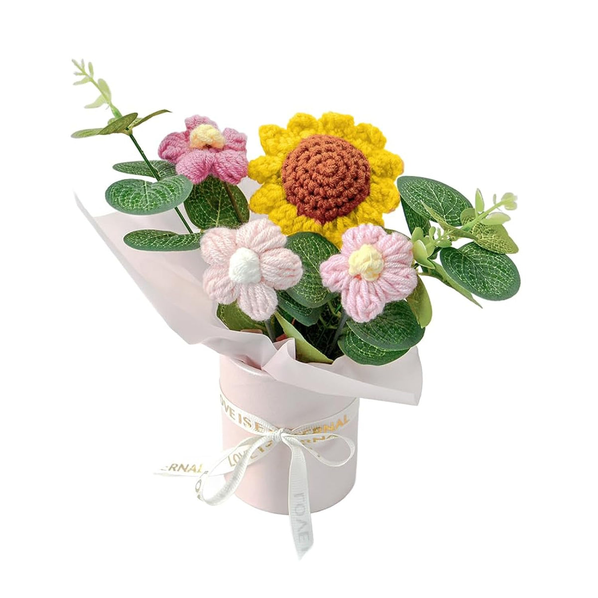 Crochet Medium Sunflower Flower Bouquet: Handmade Knitted Bouquet For Mother'S Day Birthday Home Decor Girlfriend Wedding Grandma Bday Gift(Pink) (Pink)