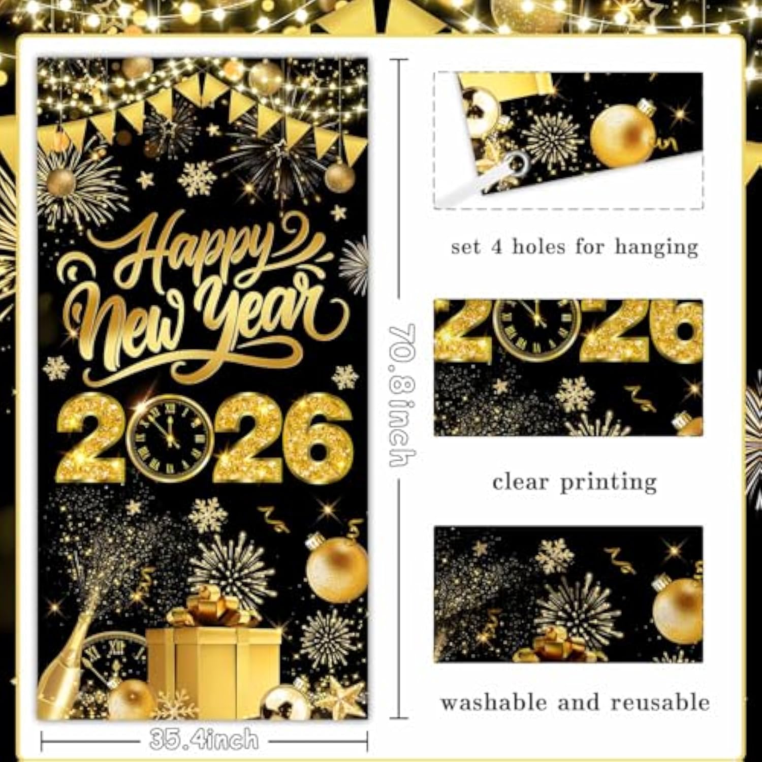Black Gold New Year 2026 Door Cover Large NYE Front Door Banner Backdrop