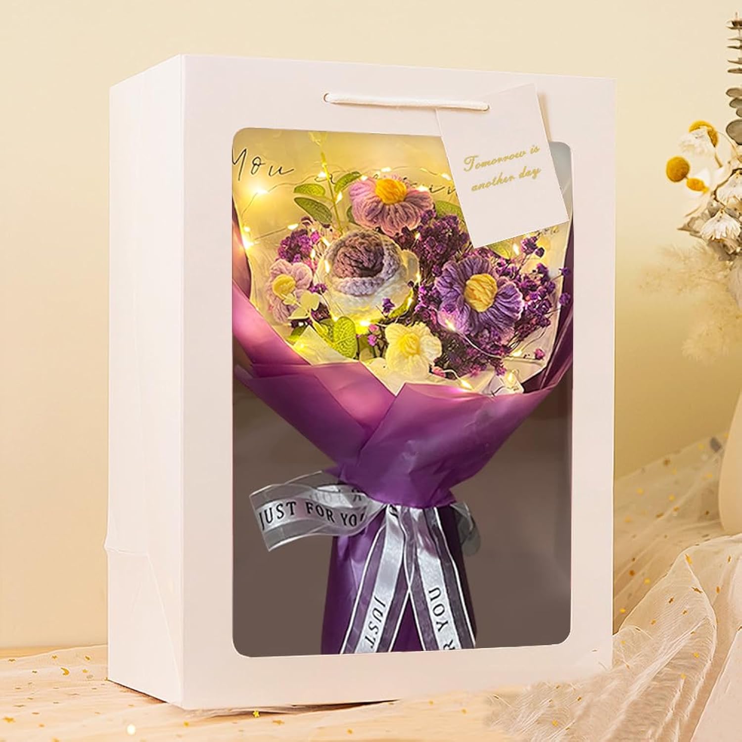 Crochet Flower Bouquet: Completed Crochet Rose Flowers Dried Natural Gypsophila Baby'S Breath Flowers Bouquet For Birthday Home Decor (Purple)