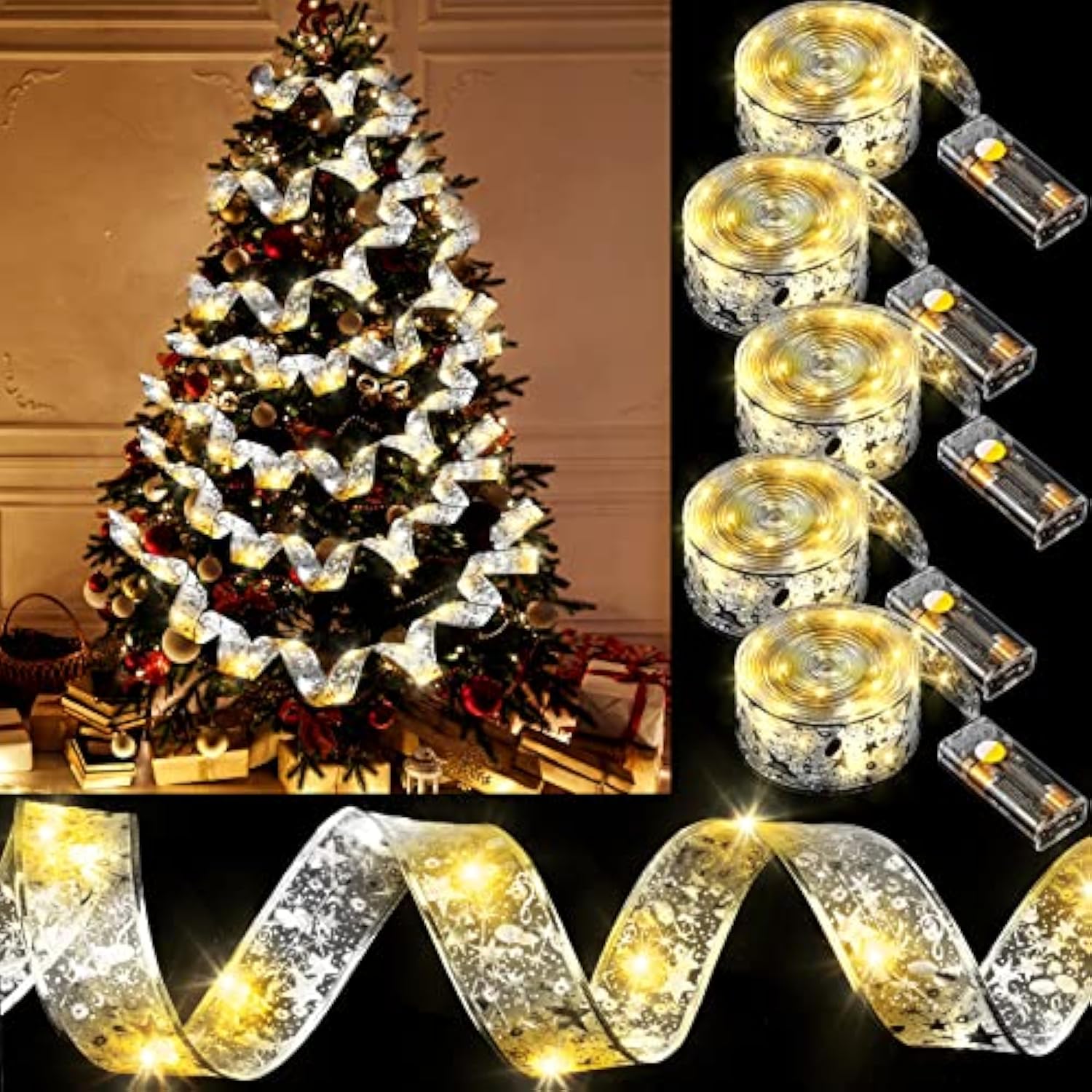 5 Piece 82Ft Christmas Ribbon Lights 250 Led Glow Ribbon Strings Lights ...