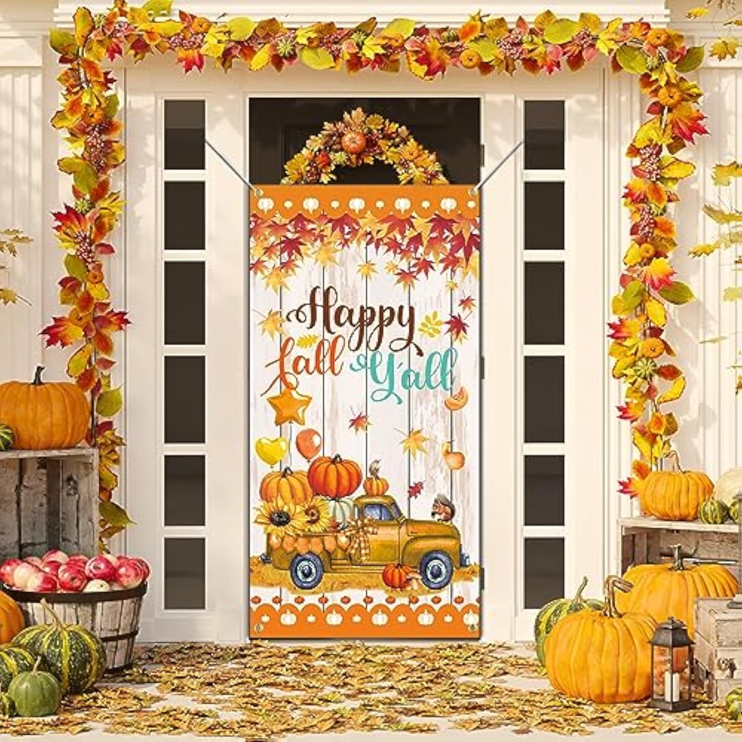 Happy Fall Y'All Door Banner, Large Autumn Thanksgiving Welcome Porch Sign, Harvest Pumpkin Sunflower Decor - 70.9 X 35.4 Inches