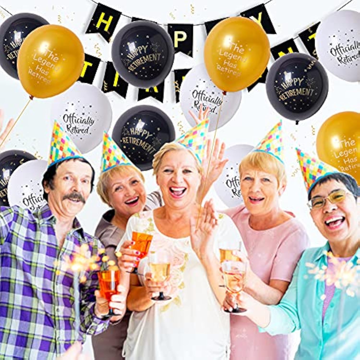 18 Pcs Happy Retirement Balloons - 12 Inch Black, Gold & White Latex Balloons For Party Decorations