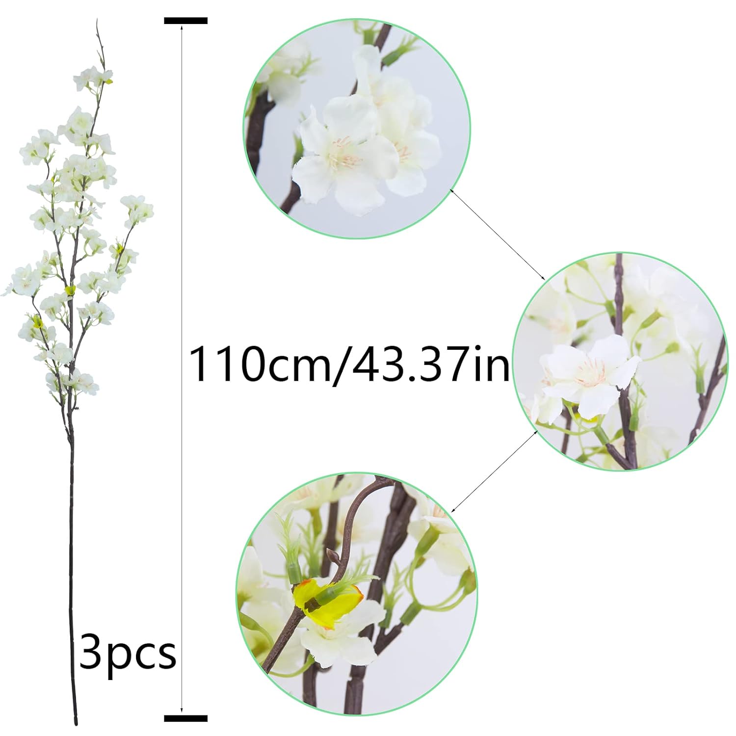 3Pcs Artificial Cherry Blossom Flower White Silk Peach Flowers Bulk Plum Blossom Flowers With Leaves Cherry Blossom Branches Vase Arrangements For Spring Wedding Indoor Outdoor Diy Party Decor