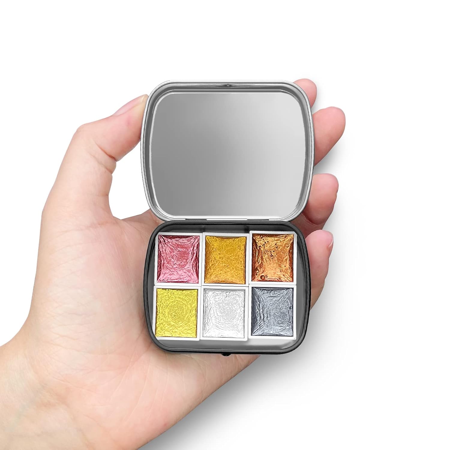 Mini Portable Handmade Artist Watercolor Paint Travel Tin Box Set With 6 Metallic Pearlescent Glitter Solid Watercolor Half Pans Sparkle Professional Watercolor.Gold