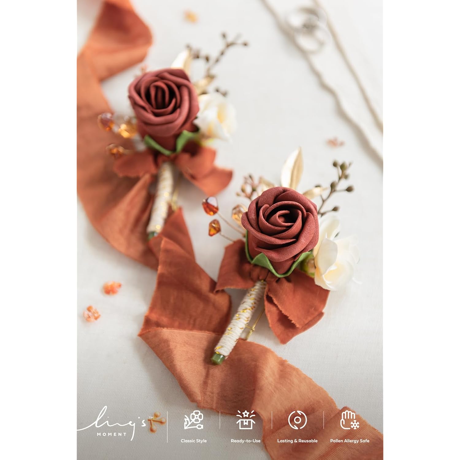 Boutonniere For Men, 2Pcs Groom Groomsmen Guest Boutonniere, Artificial Flowers For Wedding/Prom/Homecoming, Etc.Fall Orange Terracotta