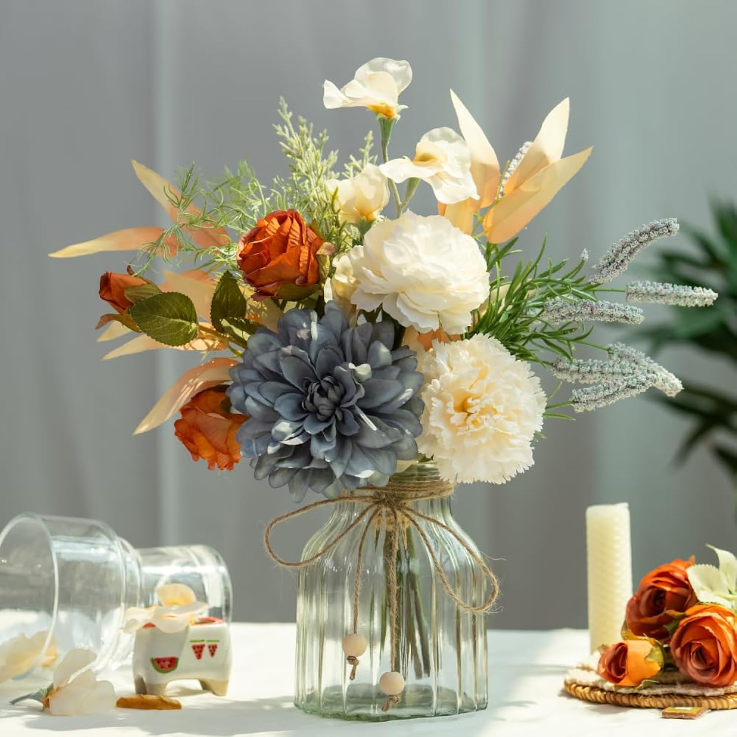 Dahlia Flower Aritificial Flower With Vase Fake Silk Flowers In Glass Vase Faux Rose Flowers Arrangement For Home Office Table Centerpiece Decoration (Blue)