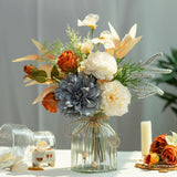 Dahlia Flower Aritificial Flower With Vase Fake Silk Flowers In Glass Vase Faux Rose Flowers Arrangement For Home Office Table Centerpiece Decoration (Blue)