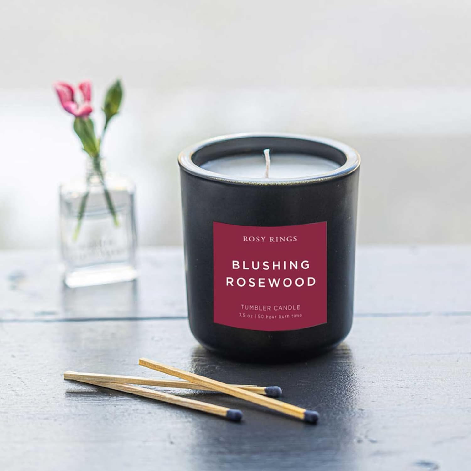 Blushing Rosewood Matte Black Glass Tumbler Candle | Aromatherapy Long Lasting Luxury Home Fragrance Gifts Notes Of Amber, Cedarwood, Oud, Rose, & Red Peony 50 Hr Burn Time 3.7" H (Boxed)