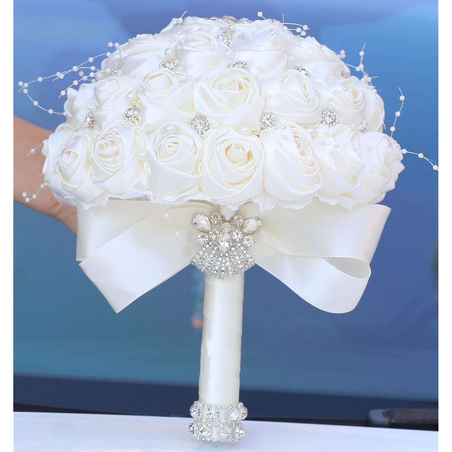 Bridal Wedding Bouquet Round Bling Brooch Bouquet Throw Toss Artificial Rose Flower Bunch For Bride Bridesmaid Wedding Quinceanera(Ivory, 6.3")