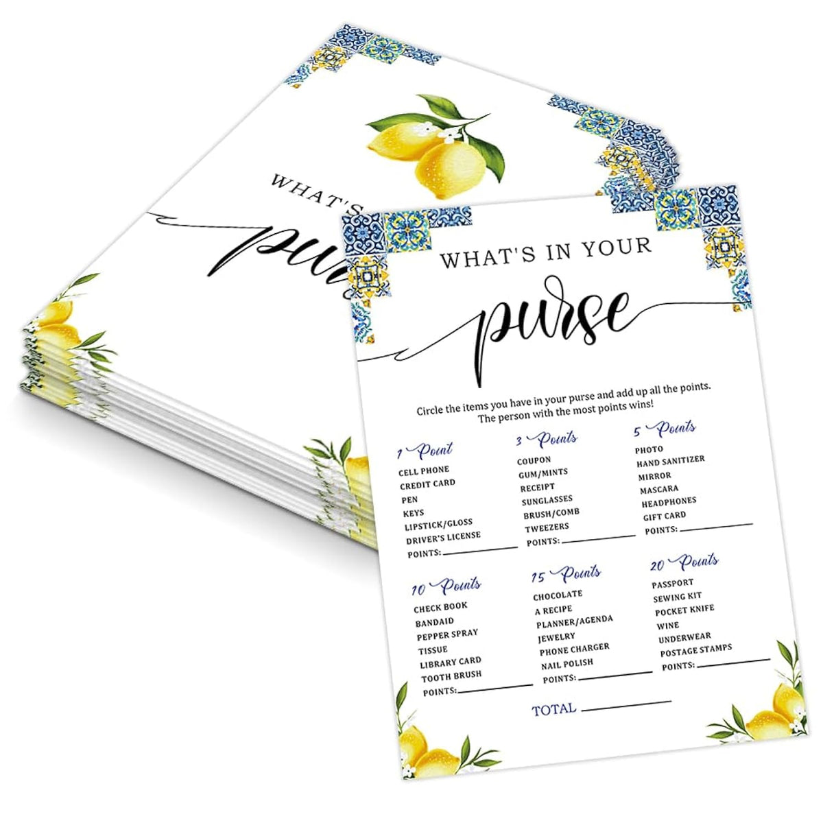 Blue Tiles And Lemons What'S In Your Purse Game For 30 Guests With Game Cards, Lemons Bridal Shower Game, Modern Bridal Shower Decorations, Wedding Shower Or Bachelorette Party Supplies - 02
