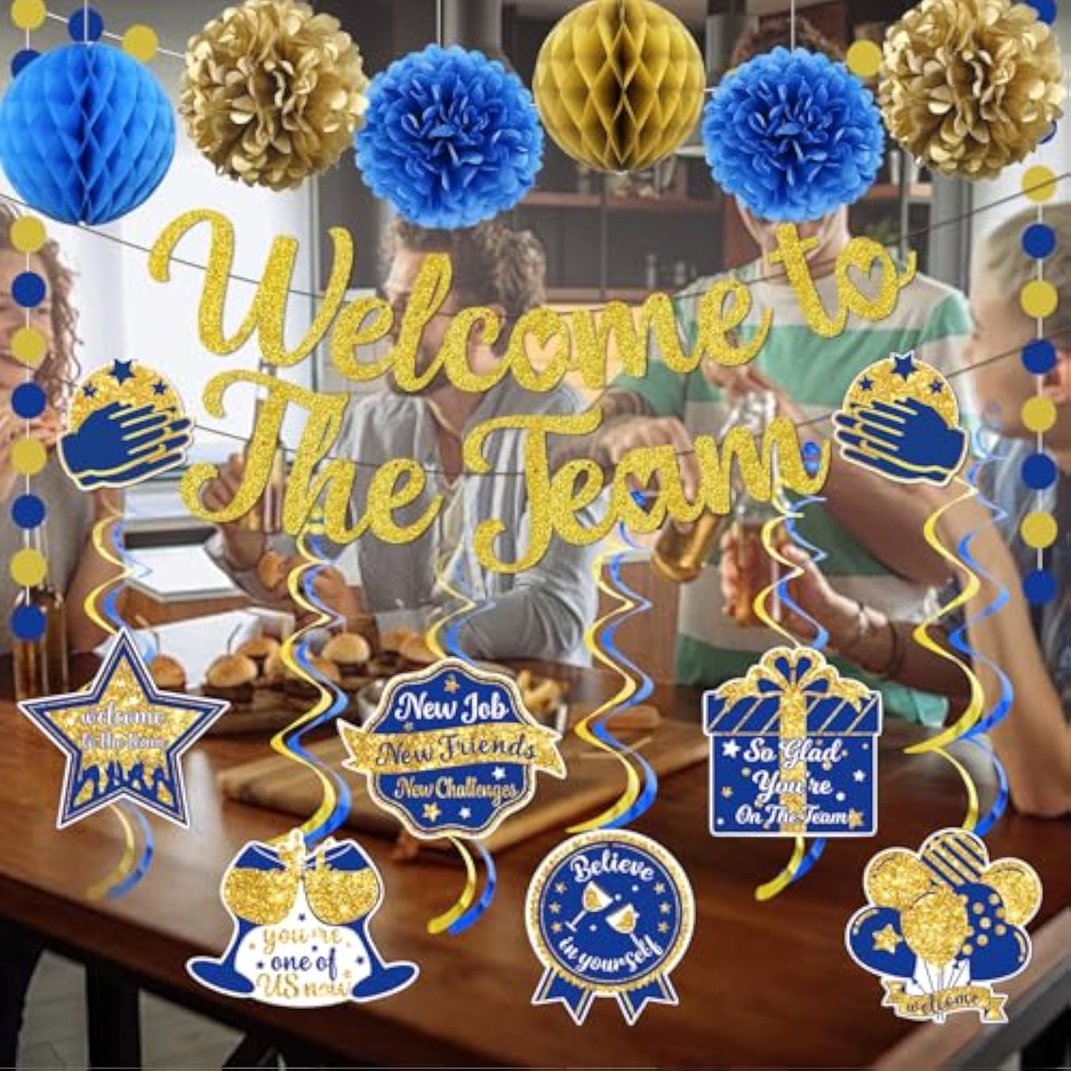 Welcome To The Team Banner Gold, Welcome Banner Circle Dots Garland Hanging Swirls Paper Flowers Honeycomb Balls, Welcom E Decorations For Employee Office Teacher Colleague Staff