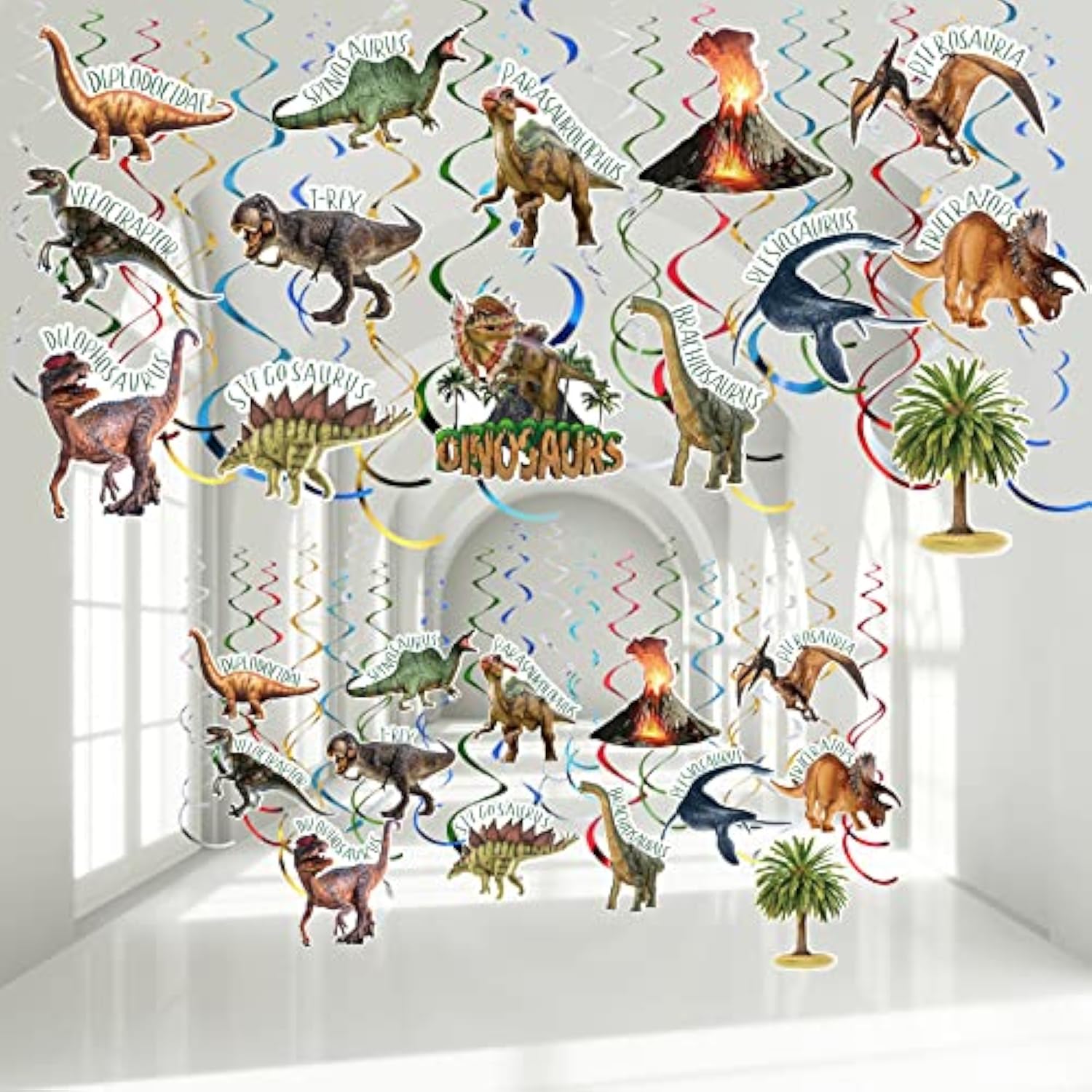 57 Pcs Dinosaur Hanging Swirls Birthday Party Decorations Jungle Theme Party Supplies Dinosaur Foil Swirls Ceiling Spiral Streamers For Girl Boy Baby Shower, Only 27 Cards