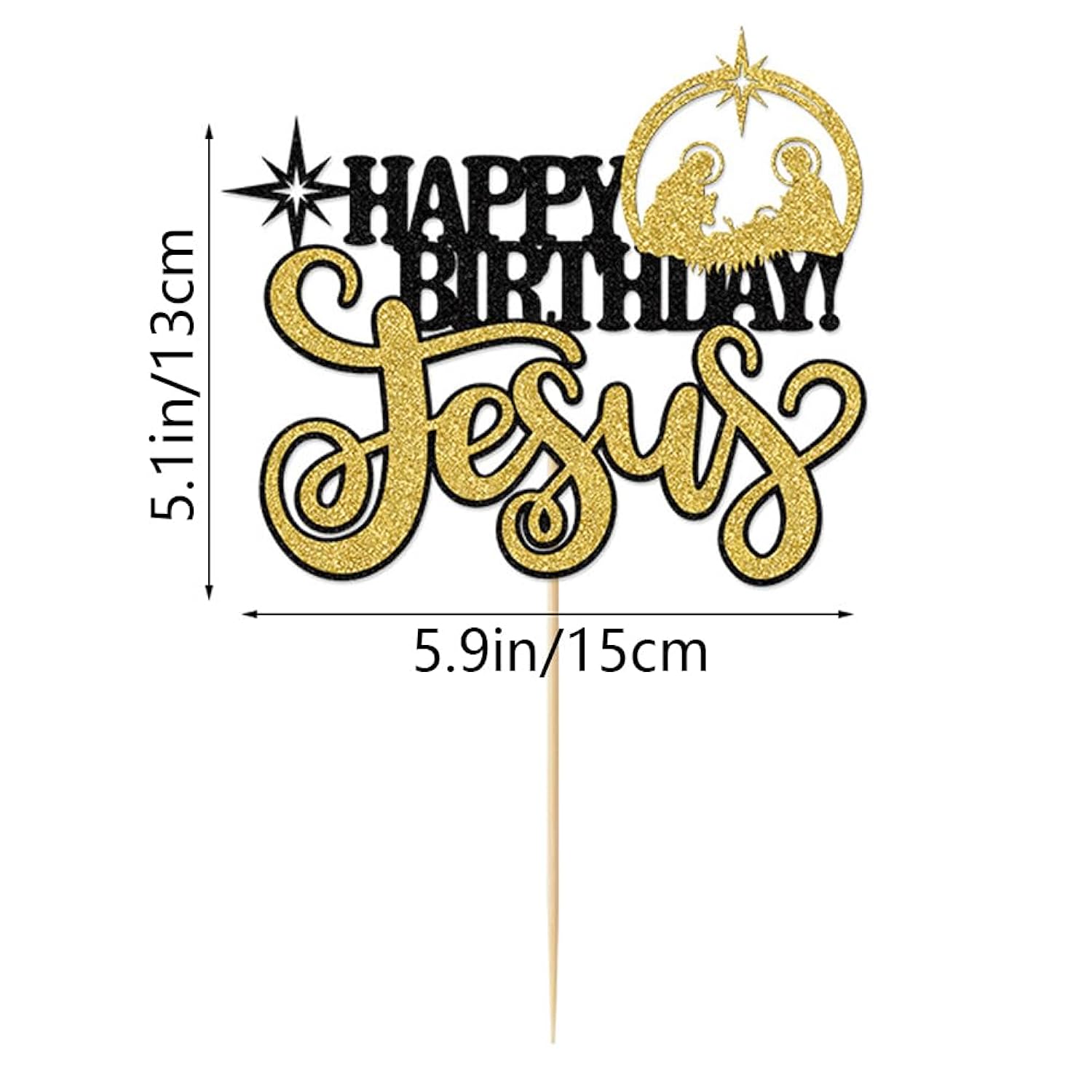1Pcs Happy Birthday Cake Topper Glitter Black-Gold Jesus Birthday Cake Pick Merry Christmas Cake Decorations For Nativity Scene Christmas Birthday Party Supplies
