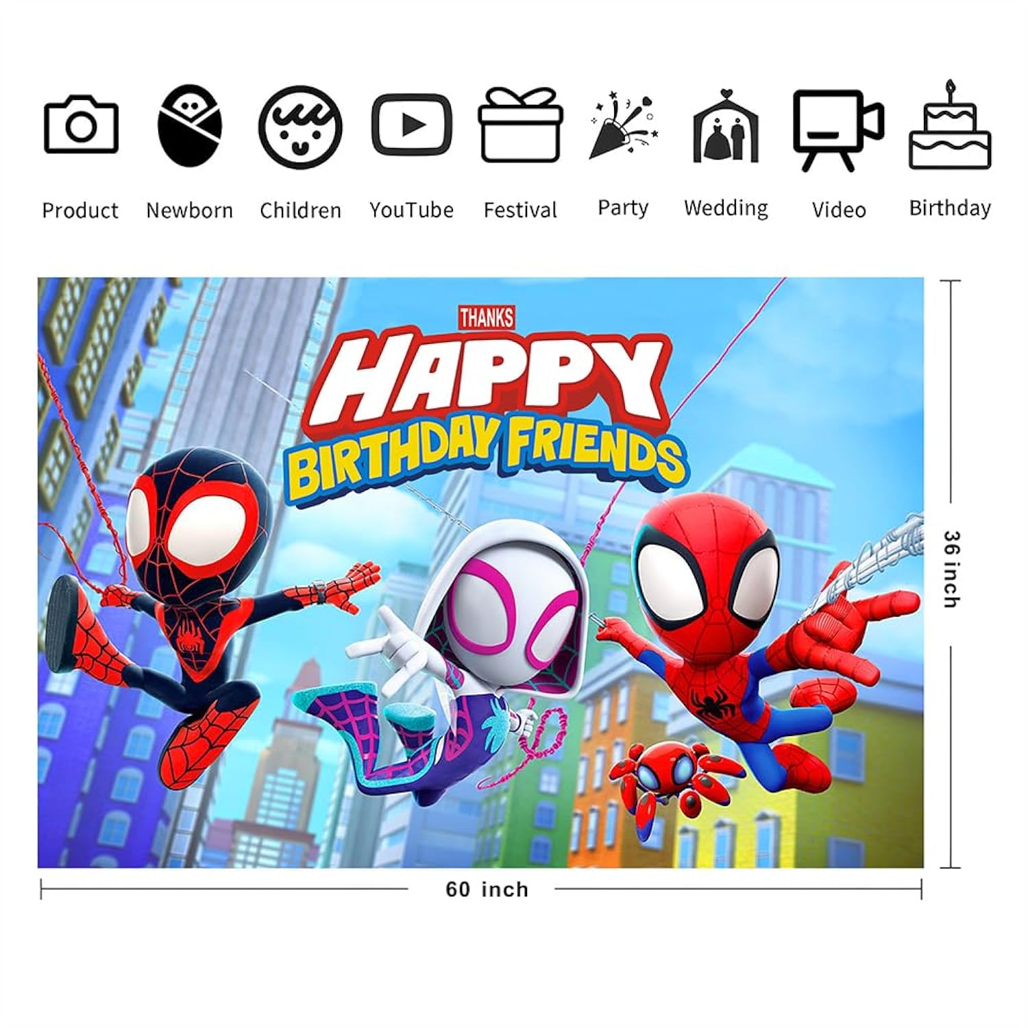 Spider and Friends Birthday Banner 5x3ft Kids Party Backdrop Decor