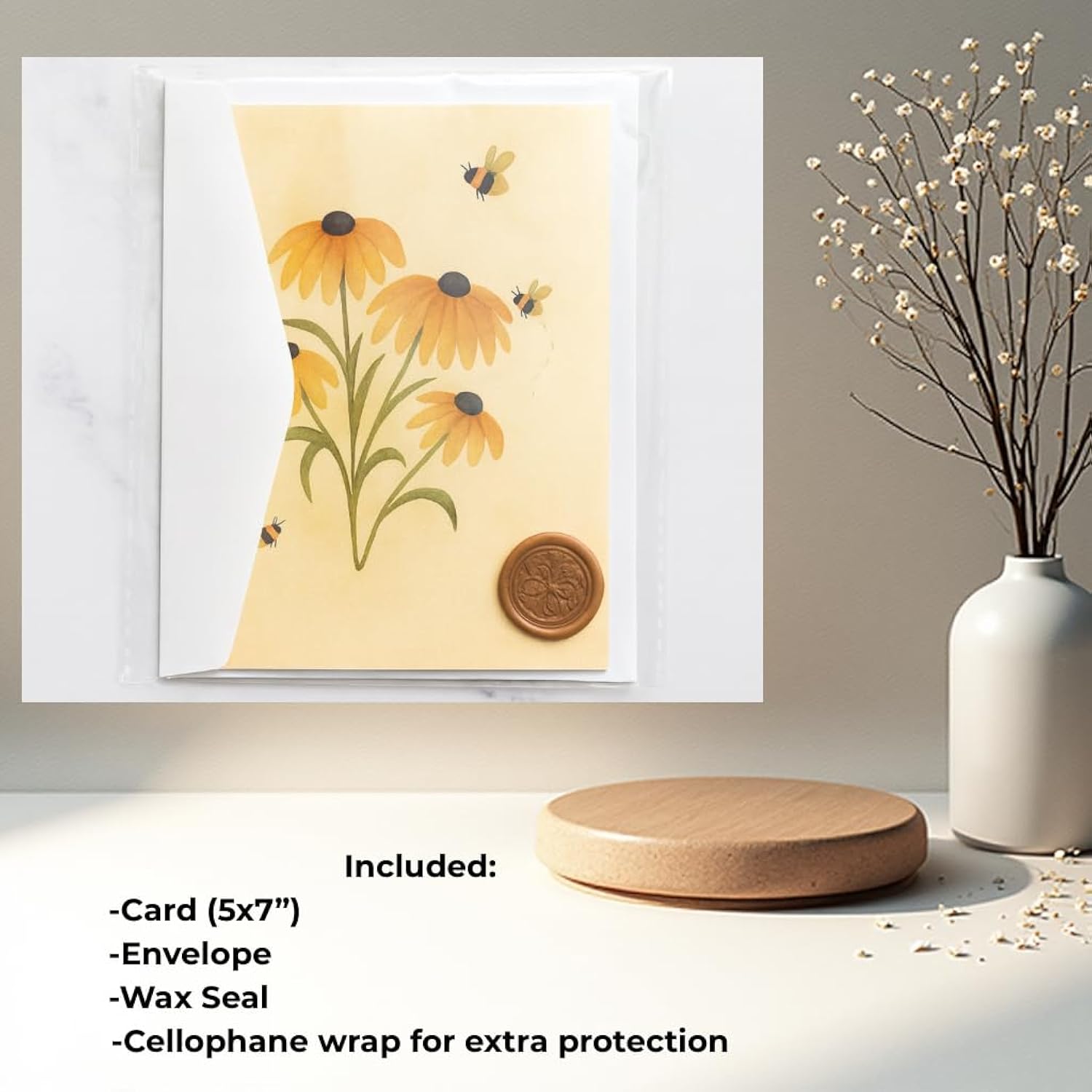 Blank Inside Greeting Card 5X7" With Envelope & Wax Seal – Watercolor Bee & Yellow Flower Design – All Occasion Card By – Birthday, Mother’S Day, Thank You, Thinking Of You, Etc.