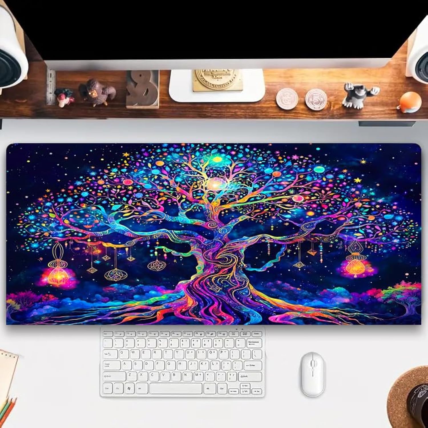 Colorful Tree Of Life Mouse Pad, Blacklight Gaming Extended Large Desk Pad, Uv Reactive Waterproof Long Keyboard Big Mouse Mat With 3Mm Non-Slip Rubber Base For Office Home - 31.5" X 11.8"