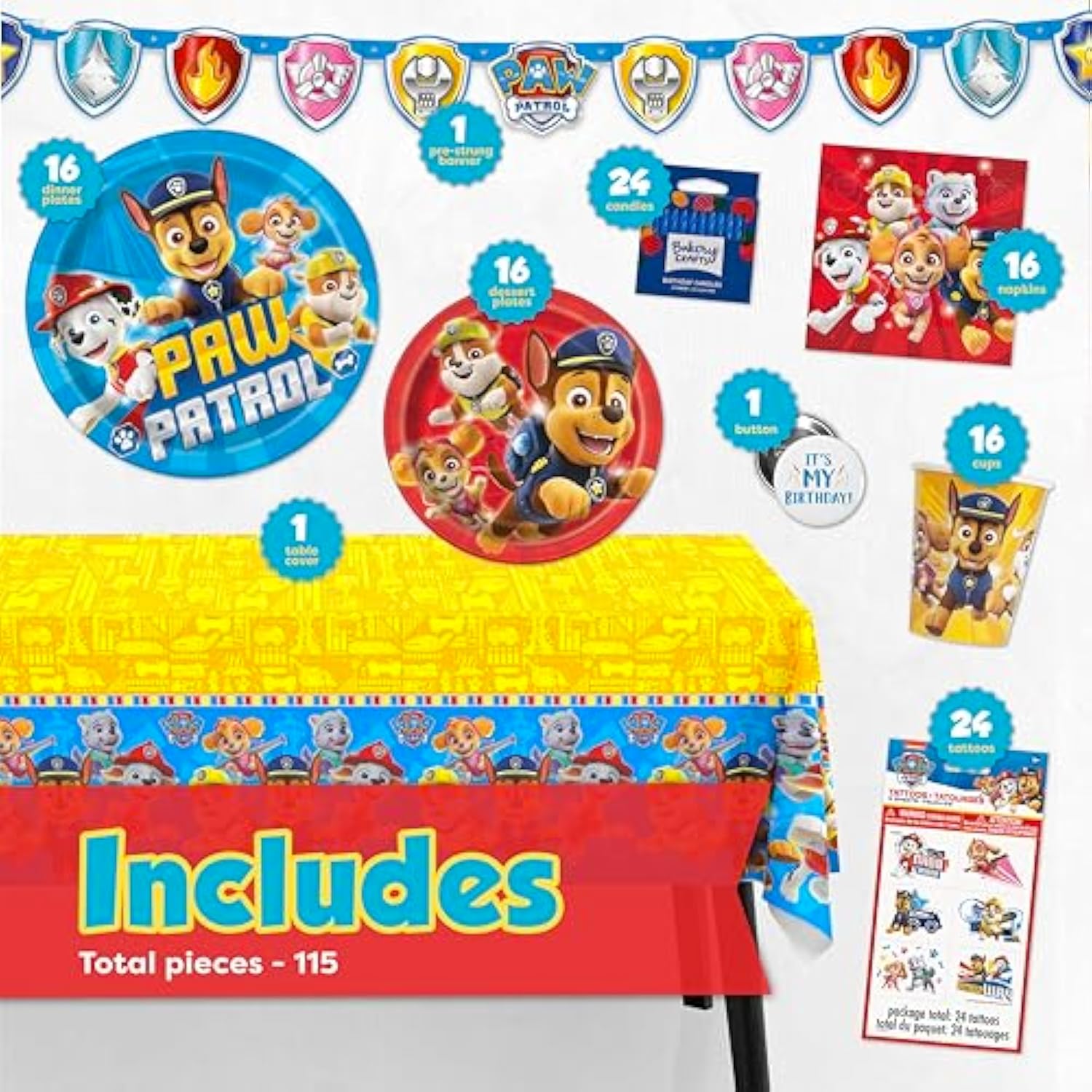 Paw Patrol Party Supplies and Decorations, Paw Patrol Birthday Party Supplies, Serves 16 Guests, Officially Licensed with Table Cover, Banner Decor, Plates, Napkins & More