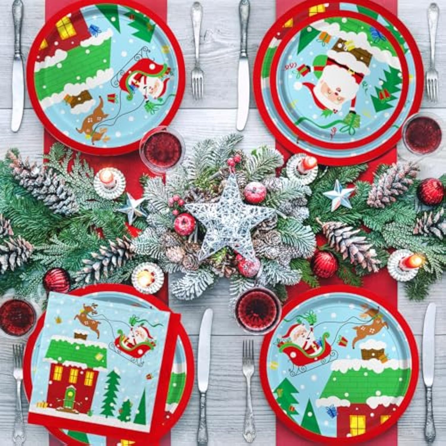 Christmas Party Supplies - Christmas Santa-Themed Disposable Paper Plates And Napkins - Perfect Merry Christmas Party Decorations?Serve 50