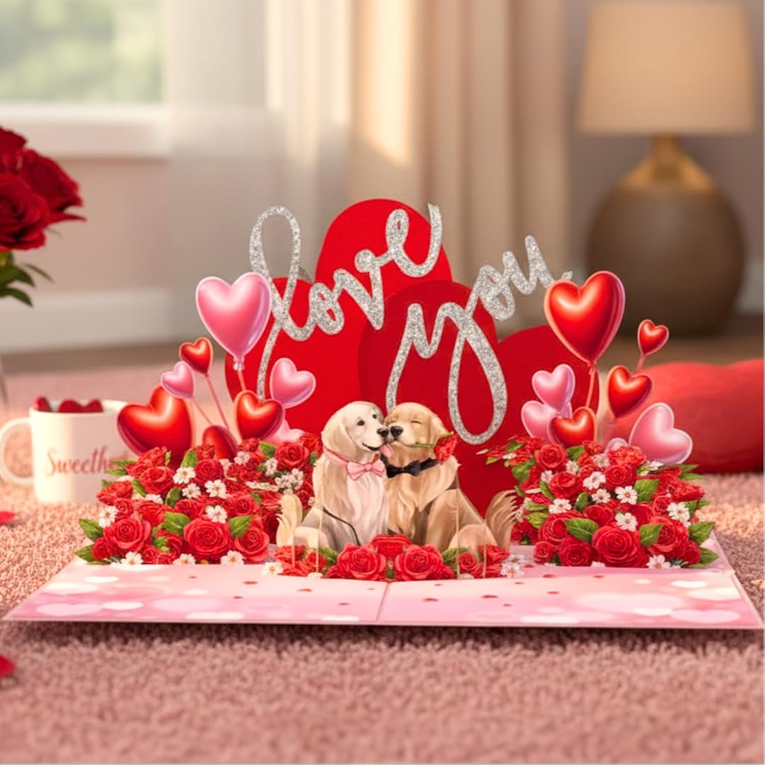 Romantic Couple Dog Valentines Card - 3D Pop Up Valentines Day Card For Husband, Wife, Him, Her, Boyfriend, Girlfriend, 6X8 In Love Valentine Pop Up Cards For Adults - Envelope Included