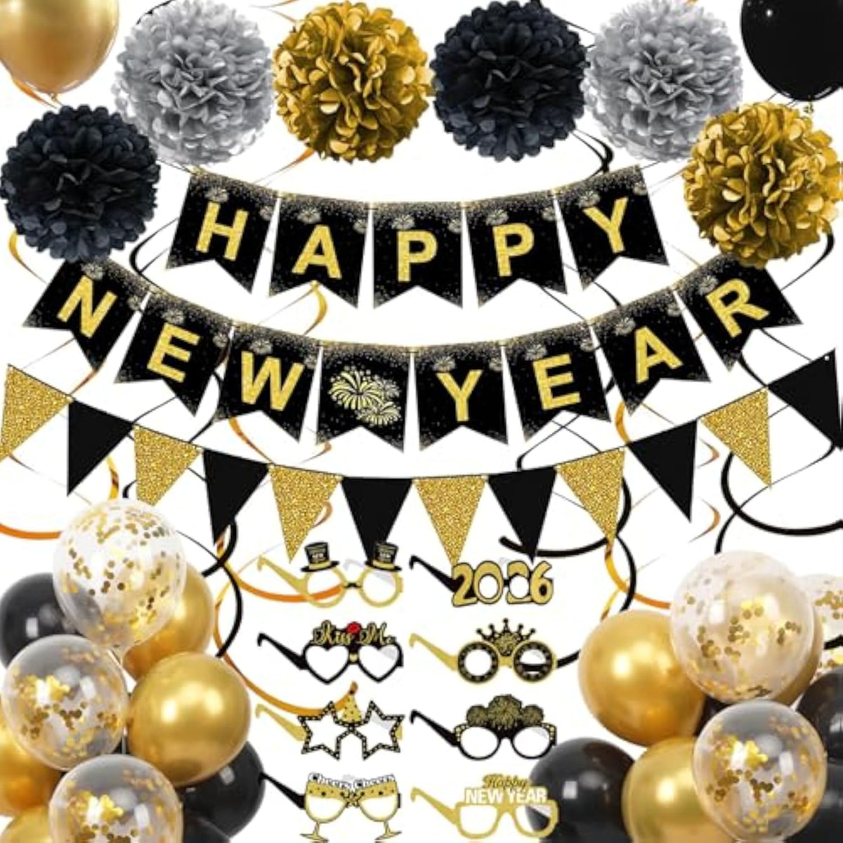 Happy New Years Decorations 2026, Black And Gold New Years Banner, Triangle Flag Banner And Hanging Swirls, Pompoms With Confetti Balloons, Glasses, Eve Party Supplies 2026