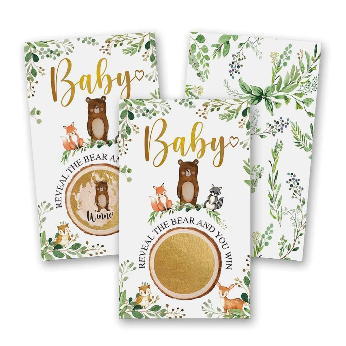 50 Pieces Woodland Baby Shower Scratch Off Game, Woodland Forest Animals Neutral Boy Girl Baby Shower Decorative Set, Printed Reveal Raffle Games Prizes Tickets Drawings Activity