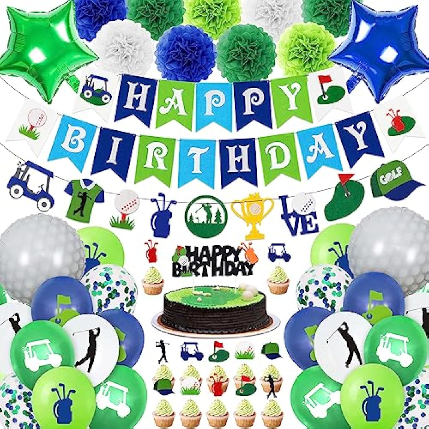 50Pcs Golf Birthday Party Decorations Golf Themed Party Supplies Includes Print Balloon Foil Balloon Cake Topper Banner Paper Pompoms