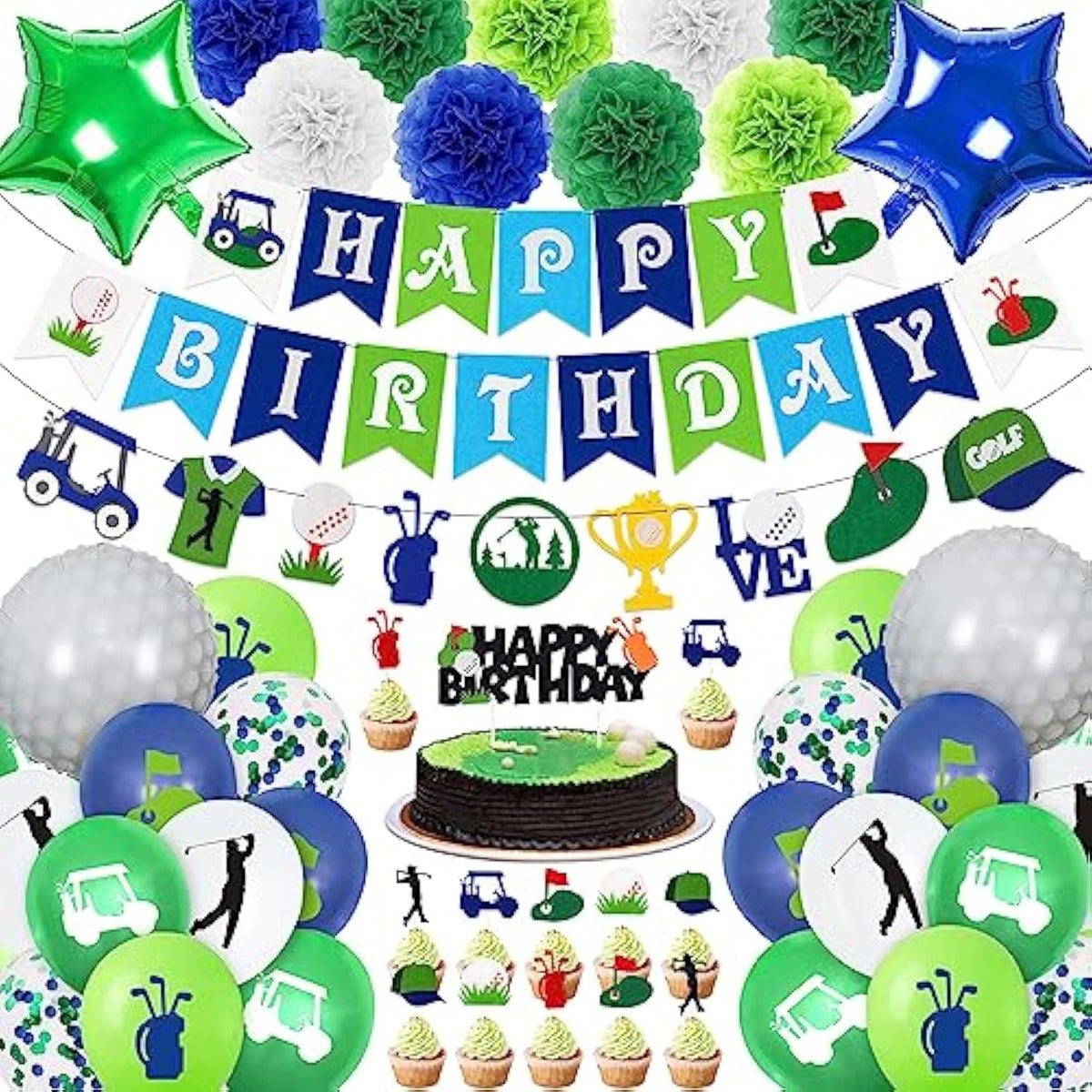 50Pcs Golf Birthday Party Decorations Golf Themed Party Supplies Includes Print Balloon Foil Balloon Cake Topper Banner Paper Pompoms