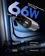 4-in-1 Retractable 66W Car Charger with 2 Cables for iPhone, Galaxy, Pixel