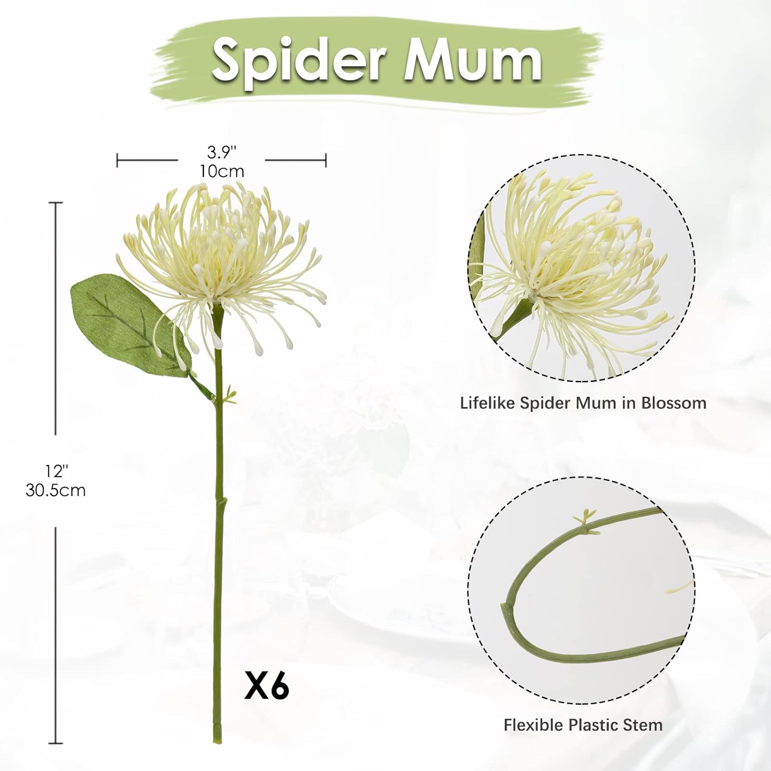 6Pcs Artificial Chrysanthemum Spring Flowers 4'' Fake Pincushion Flower Large Spider Mums Flowers For Home Vase Décor Centerpiece Wedding Bouquet (Green White)