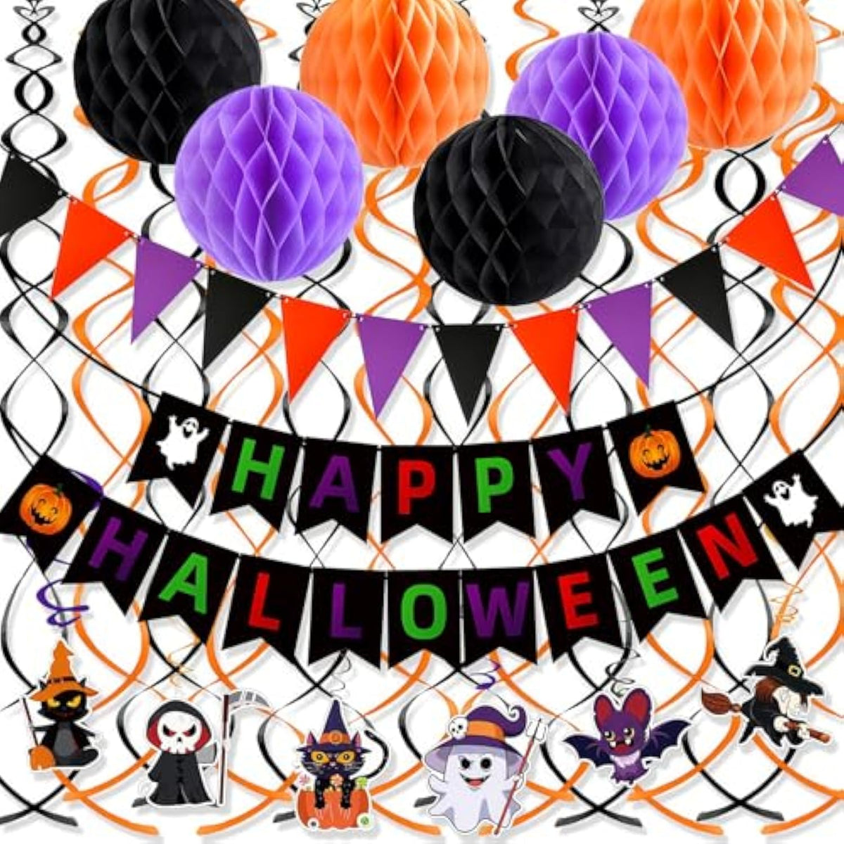 Happy Halloween Party Decorations Set Banner Flags Honeycomb Pumpkin Ghost Swirls