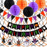 Happy Halloween Party Decorations Set Banner Flags Honeycomb Pumpkin Ghost Swirls
