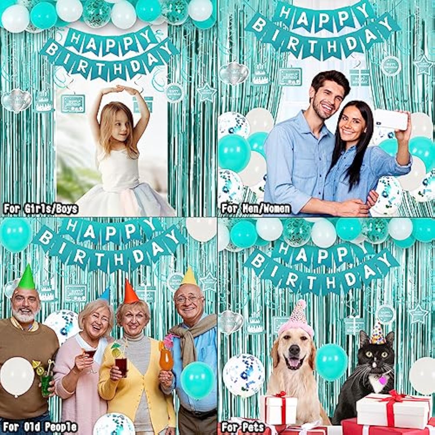 Teal Birthday Party Decor for Her – Balloons, Banner, Curtains & Tablecloth Set